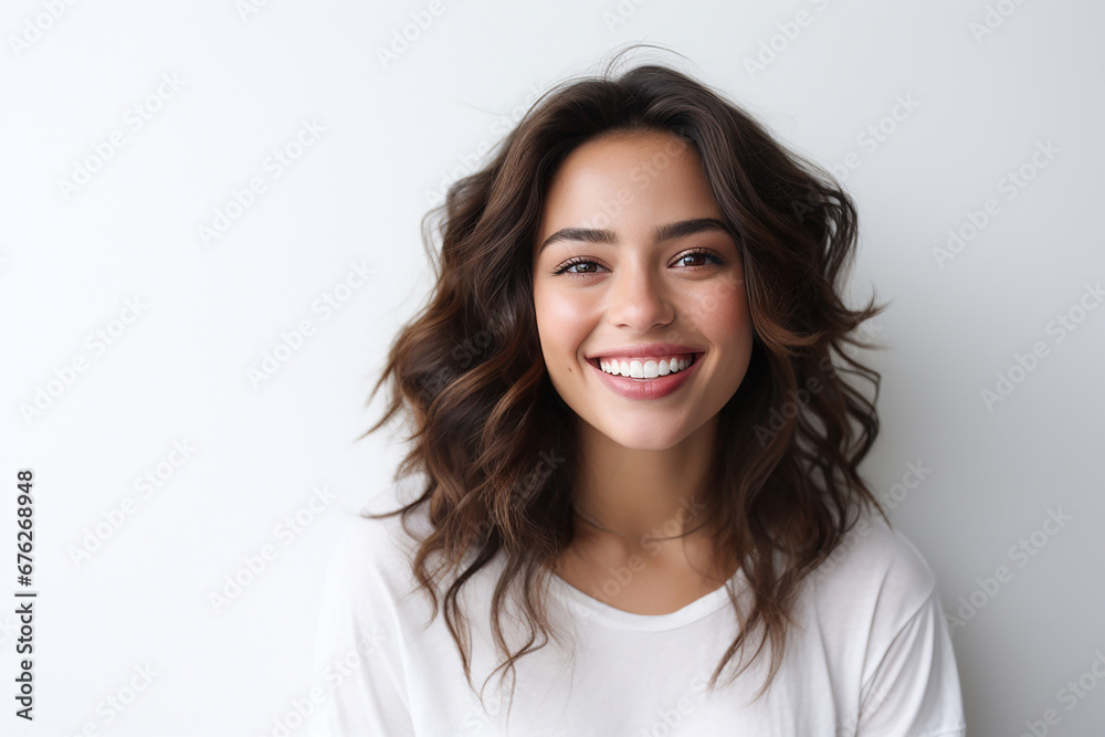 The portrait of a beautiful woman model with curly dark brown hair on a white background, shot in a studio. Generative AI. The portrait of a beautiful woman model with curly dark brown hair on a white background, shot in a studio. Generative AI.