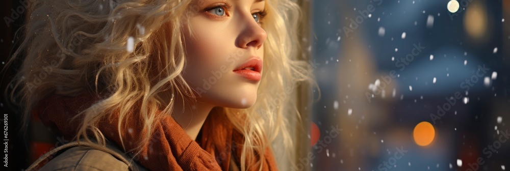 Woman Looks Out Window Snowcovered Outdoors , Background Image For Website, Background Images , Desktop Wallpaper Hd Images