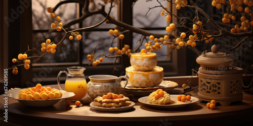 Chinese traditional cakes and tea on the table near the window at night. 