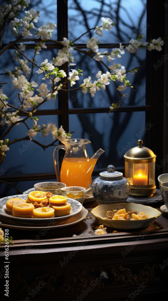 Chinese traditional cakes and tea on the table near the window at night. 