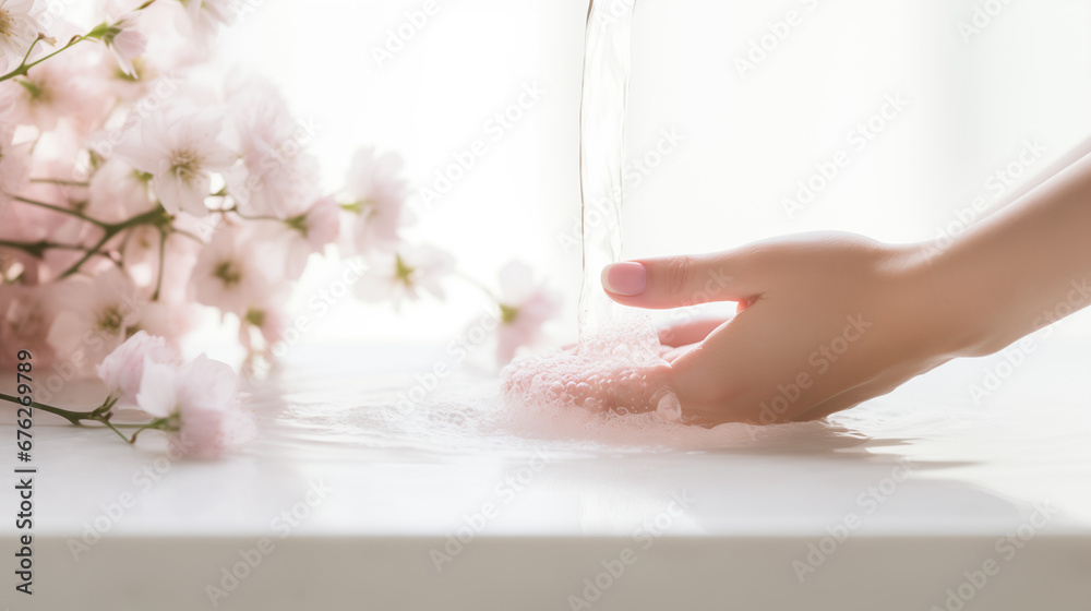 Naklejka premium Close up of washing hands with soap