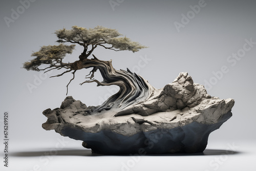 Bonsai on hard abstact rock. Bonsai grows on abstract rock form. Isolated, studio photography.