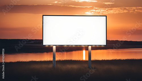 blank white, advertising signage. Mockup template featuring an empty large format sign against a sunset evening sky