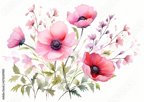 Pink flowers watercolor bouquet isolated on white background © khan