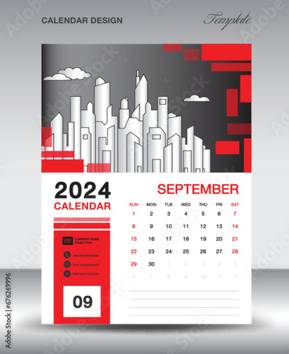 Calendar 2024 design template- September 2024 year layout, vertical calendar design, Desk calendar template, Wall calendar 2024 template, Planner, week starts on sunday, red vector
