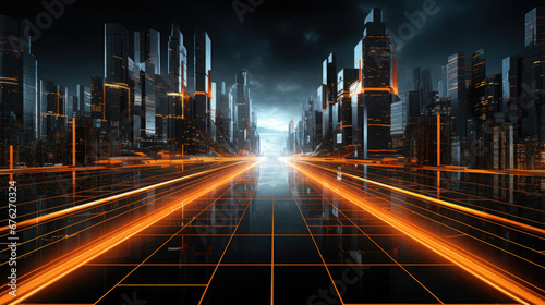 Abstract image of blur motion of cars on the city road at night. Modern urban architecture. photo