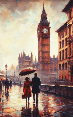 Streets of London during the rain, oil painting with Big Ben in the background.