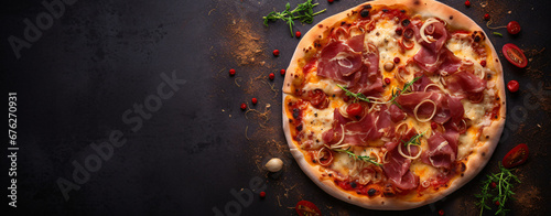 Pizza with prosciutto and cheese top view free copy