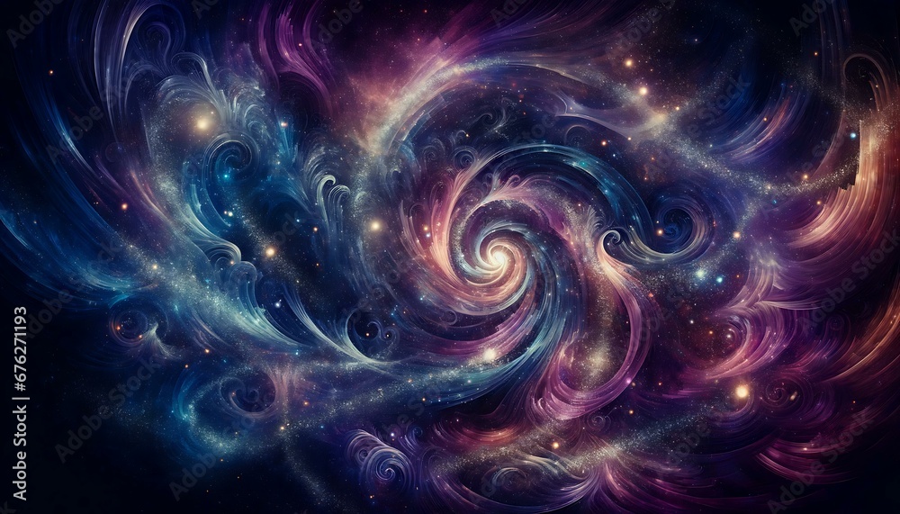 Abstract background with a galaxy theme, depicting swirling galaxies and stars in deep purples and blues