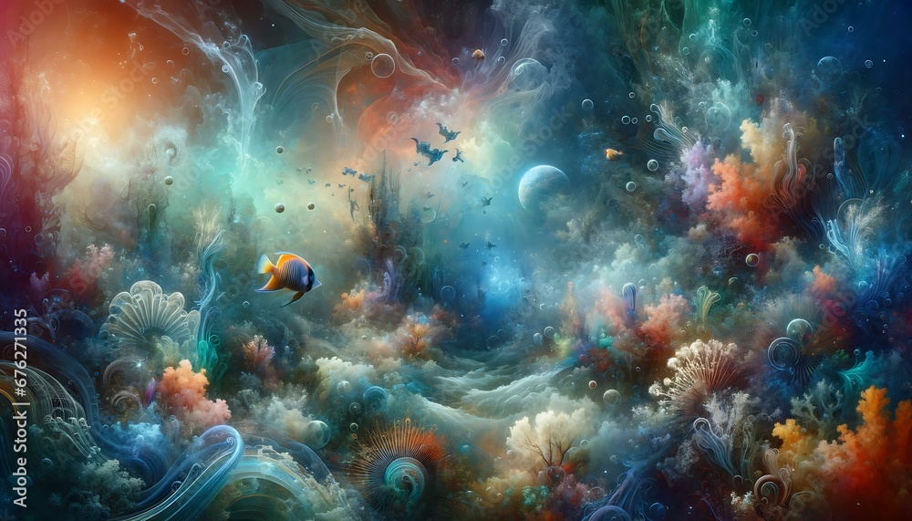 Abstract background featuring an underwater theme with vibrant marine life, coral reefs, and a sense of tranquility and mystery beneath the ocean's su
