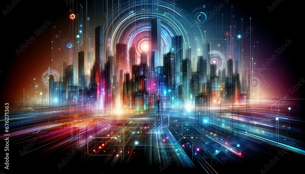 Abstract background with a futuristic cityscape theme, showcasing a blend of modern architecture, neon lights, and a vivid, technologically advanced u