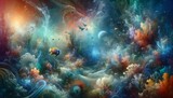 Abstract background featuring an underwater theme with vibrant marine life, coral reefs, and a sense of tranquility and mystery beneath the ocean's su