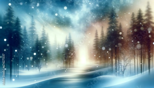 Abstract background with a theme of a serene winter landscape, showcasing a snow-covered forest, gentle snowfall, and a peaceful, calm atmosphere