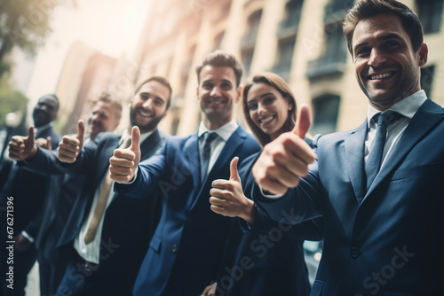 A close-up of a businessman's hand gesturing a thumbs-up sign, signifying appreciation for a job well done and encouragement to continue excelling in the future. Generative AI.