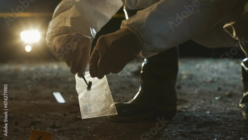 Low section of unrecognizable forensic expert in protective coverall and rubber boots picking up used bullet shell near forensic yellow marker with number 4 and putting it into plastic evidence bag photo
