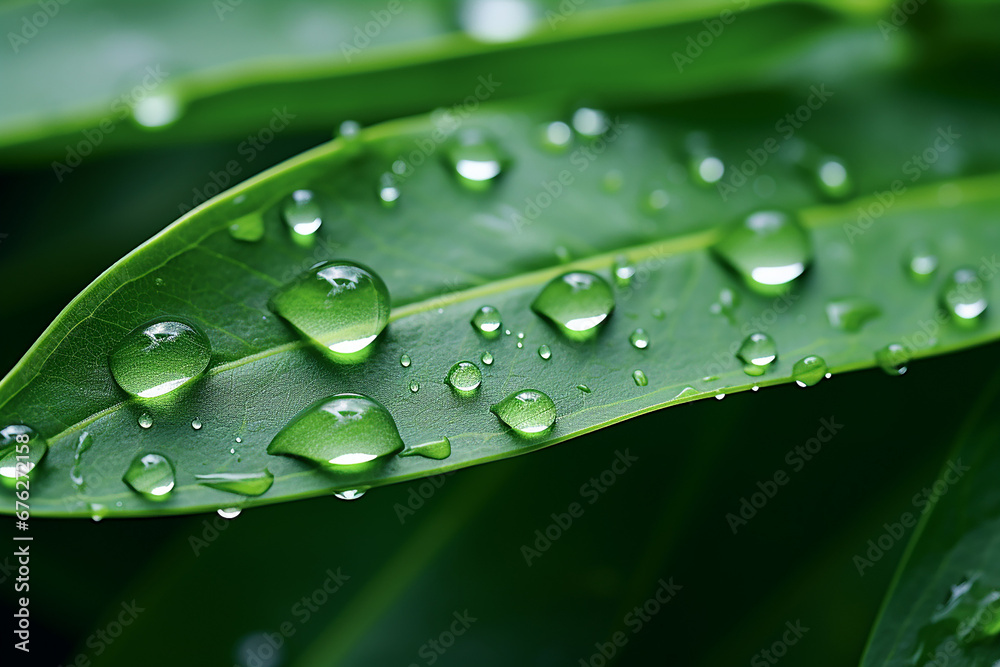 A close up image of lush green plant leaves adorned with fresh water droplets set against a dark backdrop. Generative AI. A close up image of lush green plant leaves adorned with fresh water droplets set against a dark backdrop. Generative AI.