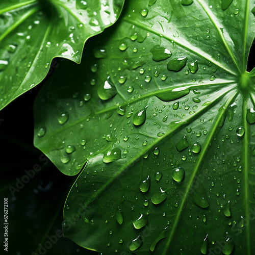 A close up image of lush green plant leaves adorned with fresh water droplets set against a dark backdrop. Generative AI.