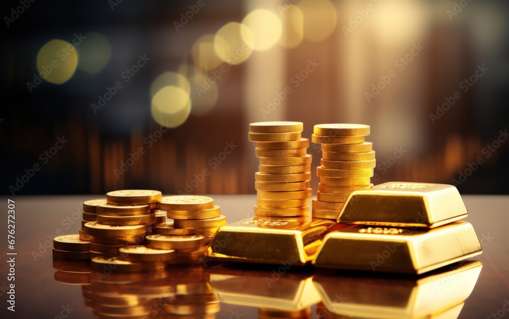 investment growth concept with stack of gold on stock market graph background investment growth concept with stack of gold on stock market graph background