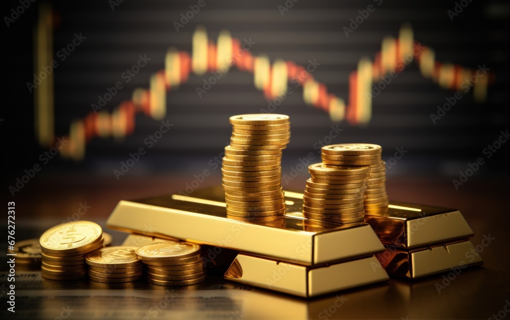 investment growth concept with stack of gold on stock market graph background investment growth concept with stack of gold on stock market graph background