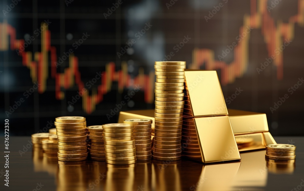 investment growth concept with stack of gold on stock market graph background investment growth concept with stack of gold on stock market graph background