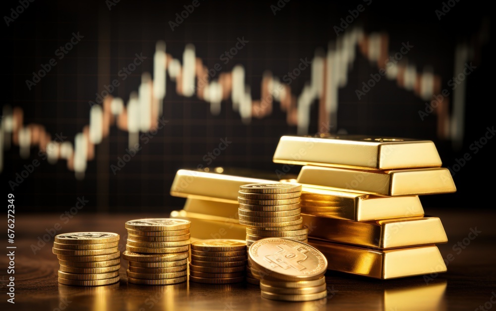 investment growth concept with stack of gold on stock market graph background investment growth concept with stack of gold on stock market graph background