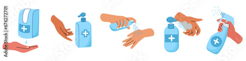 Hands disinfection process. Human arms hold sprays, bottles, containers with antibacterial liquids and gels, vector sanitization concept