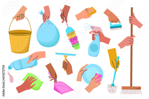 Hands holding cleaning products. Human arm in housework process, brushes, mops and rags, garbage removal and washing dishes, vector set