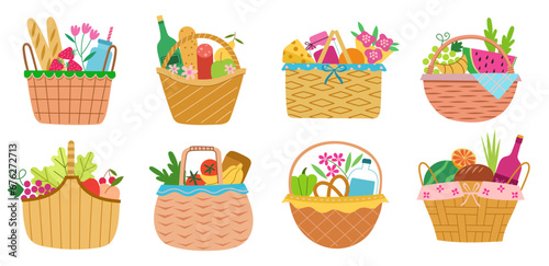 Wicker picnic baskets. panniers with different food, baguette, wine bottles, vegetables and fruits, romantic lunch in nature, vector set