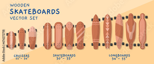Wooden skateboards types. various shapes and lengths of boards, cartoon hobie objects, longboards decks with wheels top view, vector set