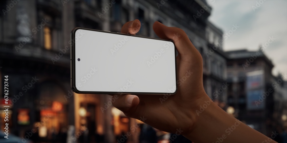 CU Caucasian male using his phone in the street, evening, blank screen mockup CU Caucasian male using his phone in the street, evening, blank screen mockup