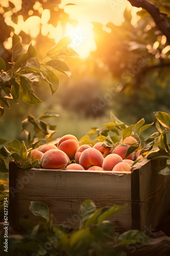 Peaches harvested in a wooden box with orchard and sunset in the background. Natural organic fruit abundance. Agriculture  healthy and natural food concept. Vertical composition.