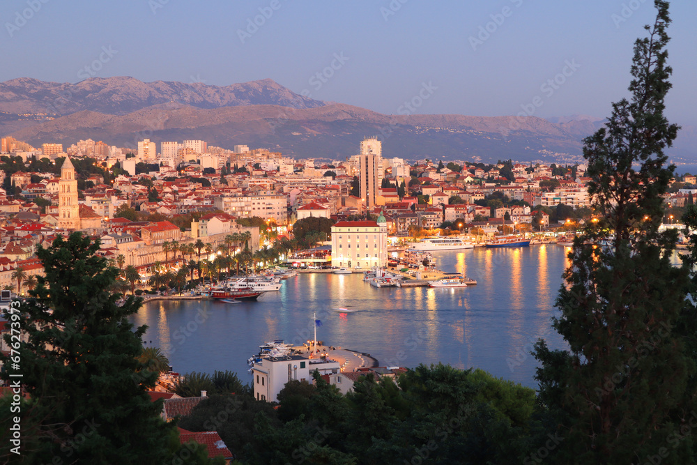Panorama of embankment in  downtown in evening time in Split, Dalmatia, Croatia