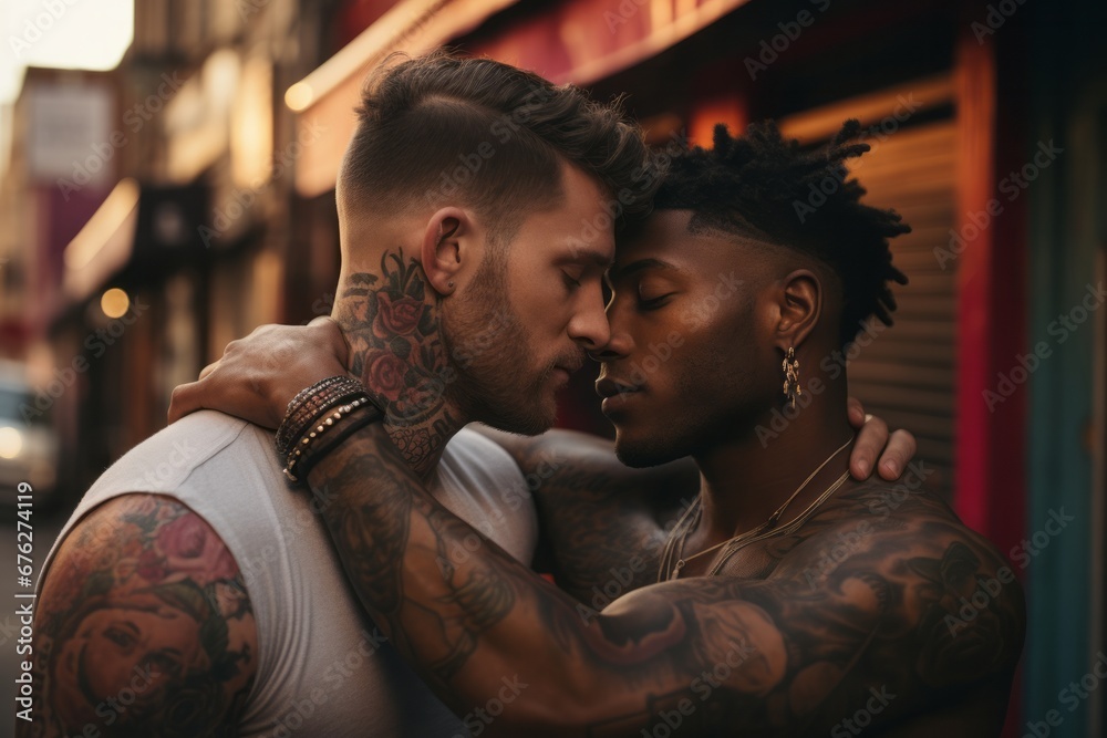 A Tender Embrace: A Painting of Love, Acceptance, and Connection. Two gay men kissing and sharing an intimate moment with each other. LGBTQI+ Love 