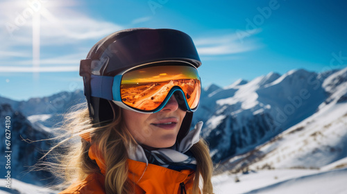 Portrait of a happy, smiling woman snowboarder against the backdrop of snow-capped mountains at a ski resort, during vacation and winter holidays.