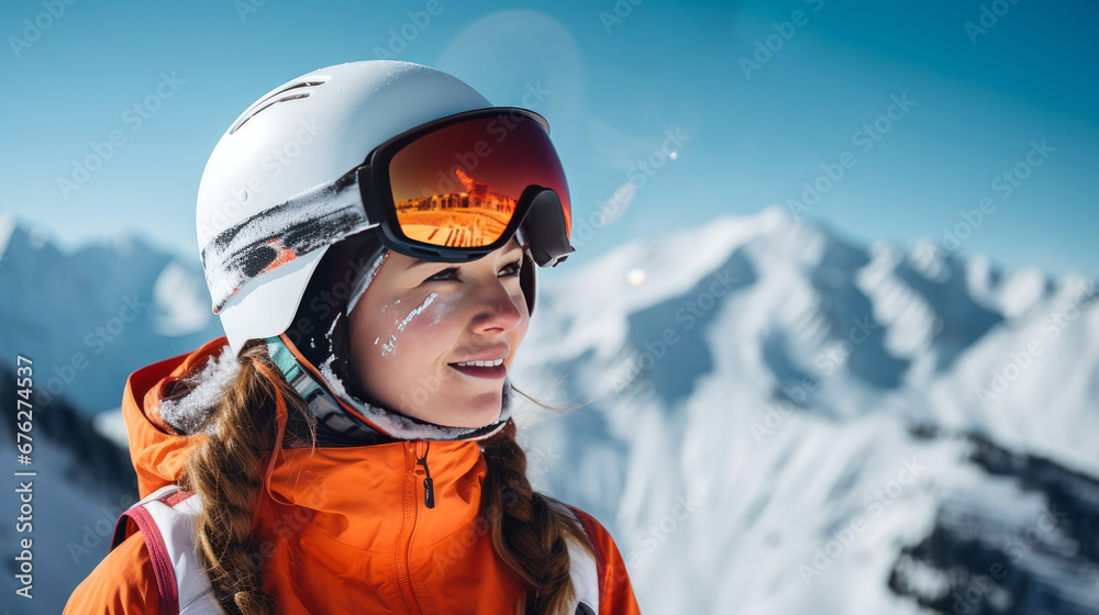 Portrait of a happy, smiling woman snowboarder against the backdrop of snow-capped mountains at a ski resort, during vacation and winter holidays. Portrait of a happy, smiling woman snowboarder against the backdrop of snow-capped mountains at a ski resort, during vacation and winter holidays.