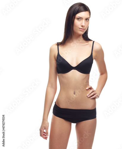Young woman, portrait and lingerie on mockup for weight loss or diet against a white studio background. Attractive female person or slim model posing in underwear for fitness, health and wellness © Mr. Casting/peopleimages.com
