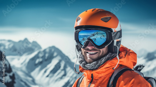 Portrait of a happy, smiling male snowboarder against the backdrop of snow-capped mountains at a ski resort, during vacation and winter holidays.