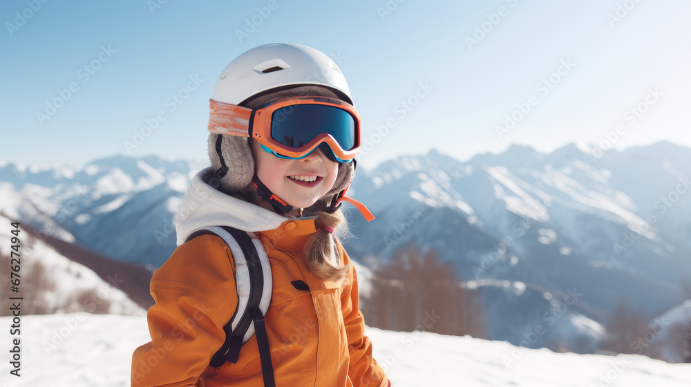 Portrait of a happy, smiling child snowboarder against the backdrop of snow-capped mountains at a ski resort, during the winter holidays.