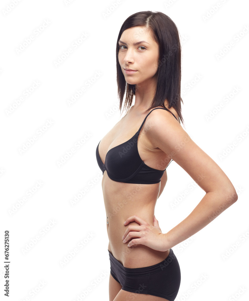 Young woman, portrait and full body in lingerie on mockup to lose weight or diet against a white studio background. Attractive female person or slim model posing in underwear for health and wellness Young woman, portrait and full body in lingerie on mockup to lose weight or diet against a white studio background. Attractive female person or slim model posing in underwear for health and wellness