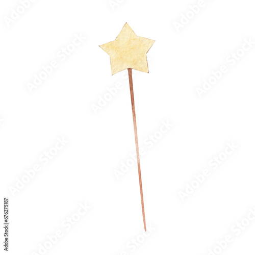 Watercolor drawing of a fairy's magic wand with a star tip. Hand drawn.