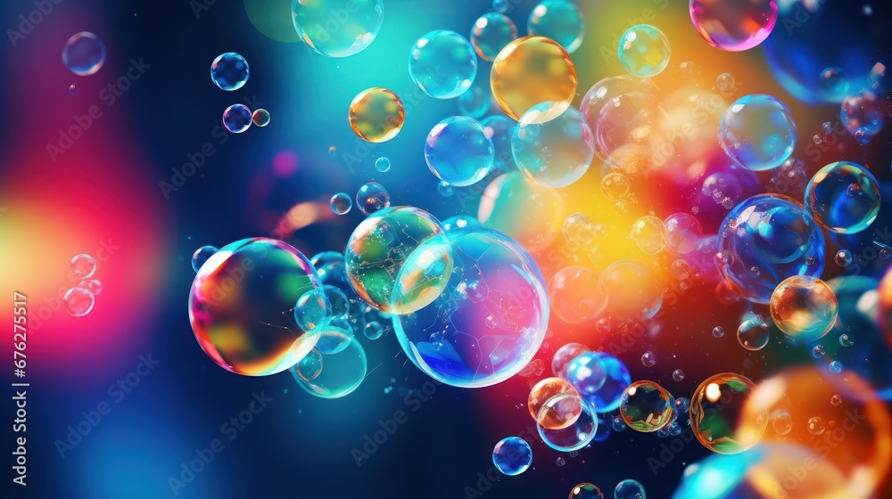 Close-up of transparent white liquid drops, colorful bubbles, and molecules.