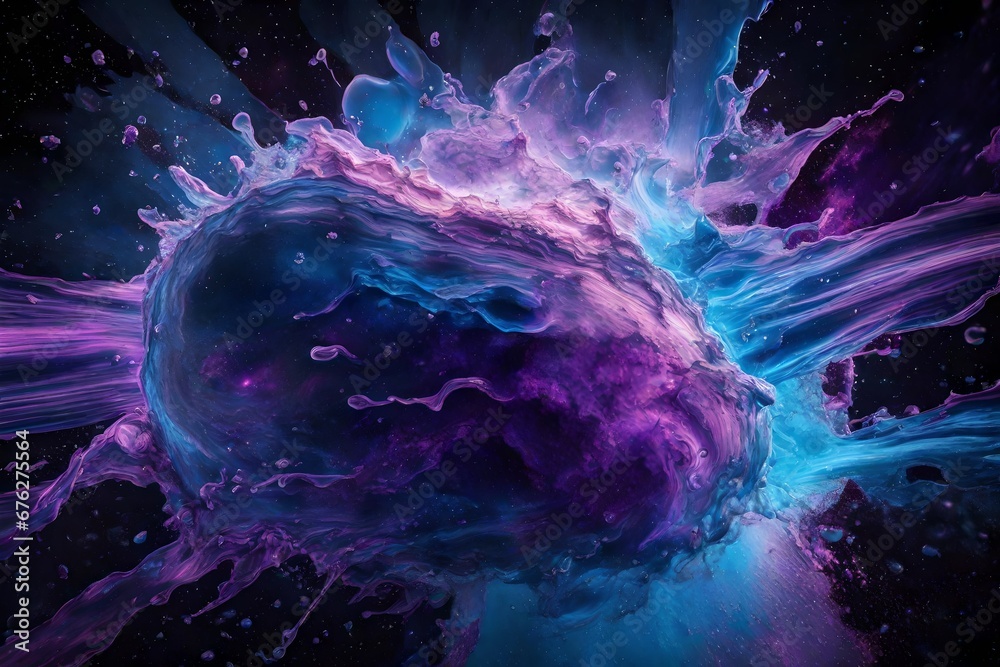 Neon blue and intense violet liquids colliding in a cosmic explosion.