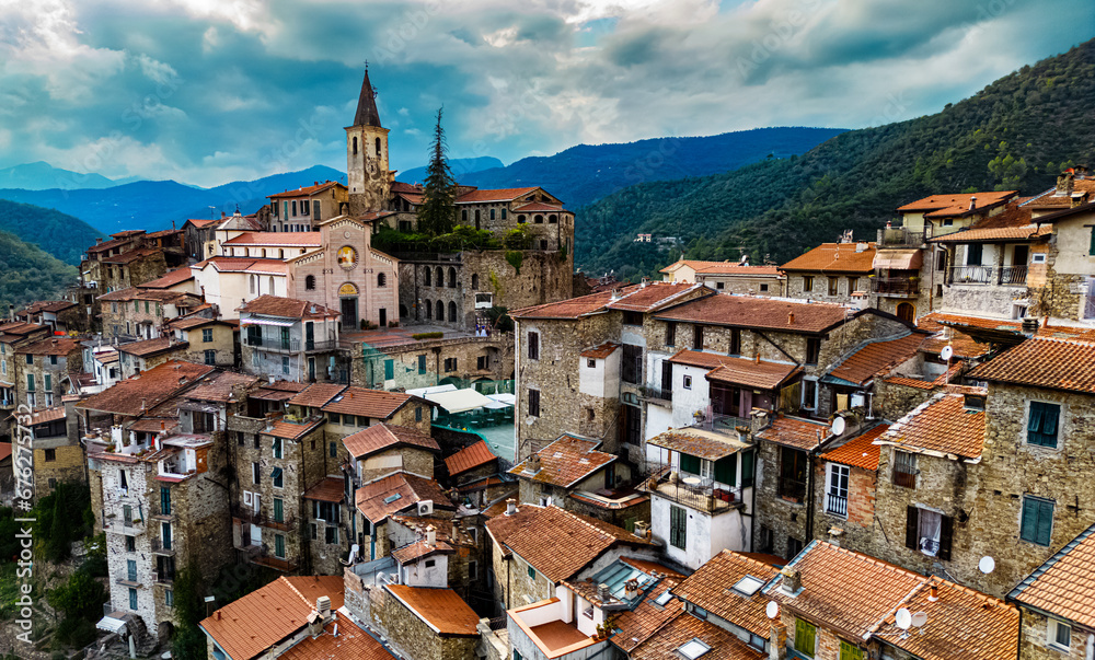 View of Apricale in the Province of Imperia, Liguria, Italy