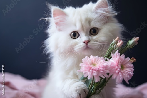 Cute domestic cat brought a flowers as a gift. Funny greeting card with animals