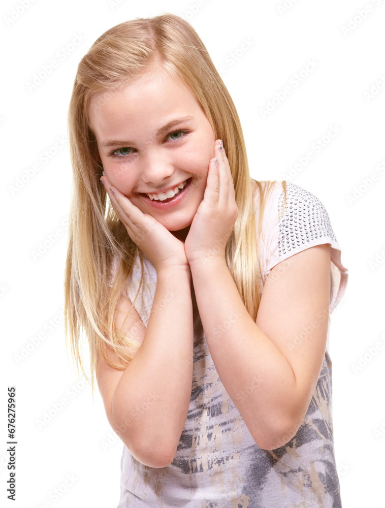 Children, fashion and portrait of shy girl child in studio with trendy, cool or stylish outfit on white background. Smile, sweet and hands on face of happy kid model with casual, style or clothes Children, fashion and portrait of shy girl child in studio with trendy, cool or stylish outfit on white background. Smile, sweet and hands on face of happy kid model with casual, style or clothes