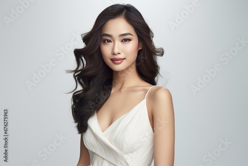 Portrait of an elegant lady of Asian descent in a beige formal dress, her warm smile and confidence making a captivating image on a clean white background. Generative AI
