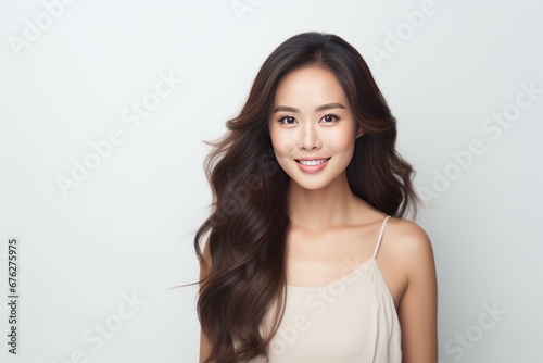Portrait of an elegant lady of Asian descent in a beige formal dress, her warm smile and confidence making a captivating image on a clean white background. Generative AI