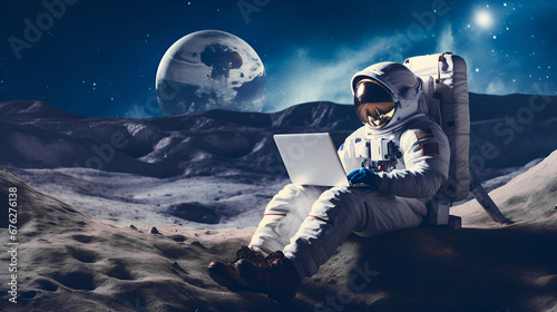 An astronaut sits on the surface of the moon and uses his laptop against the backdrop of a space landscape with planets and stars with copy space. photo