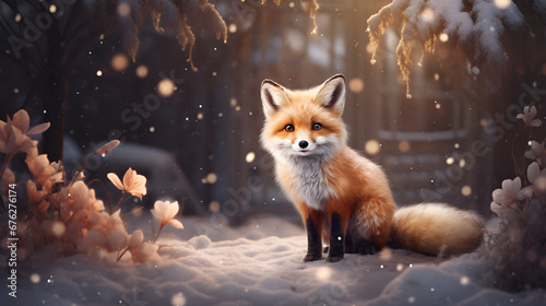 Red fox on the background of a snowy, winter forest with bokeh light and copy space. illustration 3d. Christmas greeting card. photo