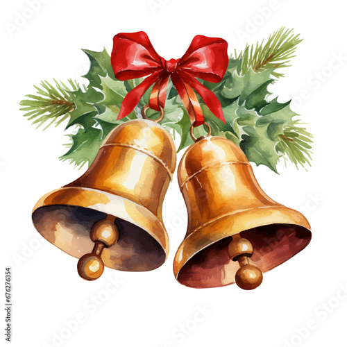 Vector watercolor illustration christmas bells isolated,Christmas bells and red ribbons and holly leaves isolated,Children's Day